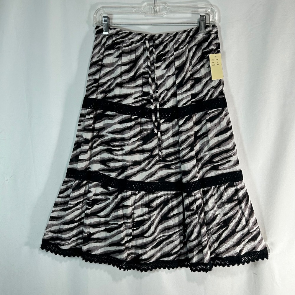 Studio West Apparel Zebra Print Lace‎ Trim Tiered Midi Skirt Black White Medium